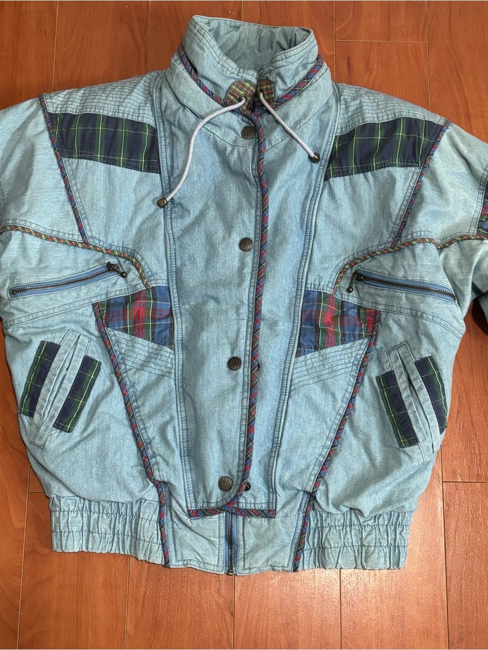 Vintage 80’s East West Denim Jacket Plaid Tartan Patchwork Bomber Jacket- Small